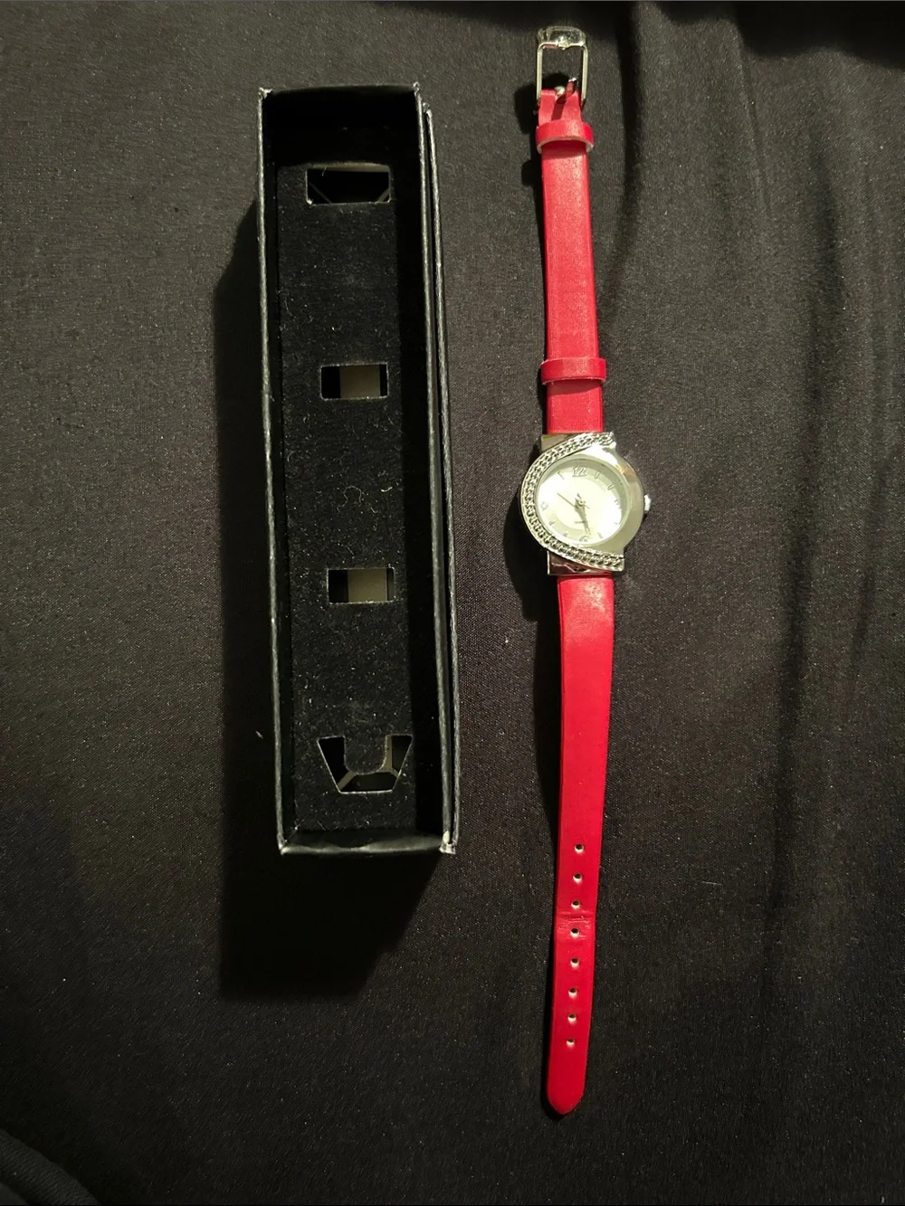 Red Leather Strap Watch with Crystal Accent
